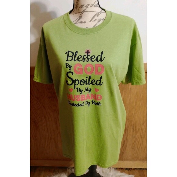 Women's Green Graphic T-Shirt Sz L "Blessed by God Spoiled by My Husband..." New - Picture 2 of 6